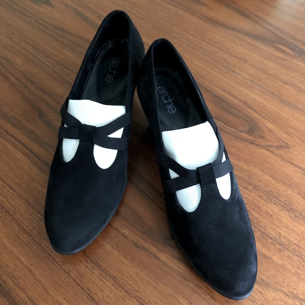 Arche Black Suede Wedges with Cross Straps, 38 EUR
